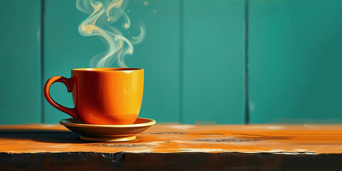 Mixed-media illustration of an orange mug with hot drink on a rustic wooden table, against a teal boarded wall, background with copy space for text