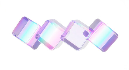Dynamic arrangement of holographic translucent cubes, showcasing vibrant pastel light refraction on a clean white backdrop, creating a modern abstract visual design element