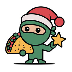 Ninja with santa hat holding taco and star