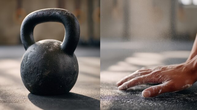 Fitness Training Motivation — Heavy Kettlebell and Chalk Dust Hand in Sunlit Gym, Determination, Close-Up Split Composition for Strength Workout Inspiration and Sports