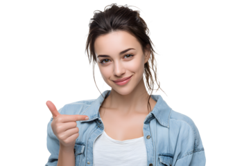 Portrait of a smiling young woman pointing to the sides on a white background.