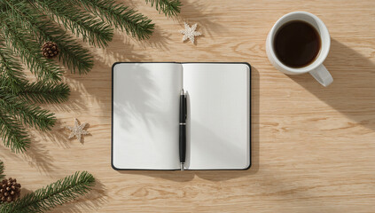 New Year Goals Planning Scene with Notebook and Holiday Decorations on Minimal Desk