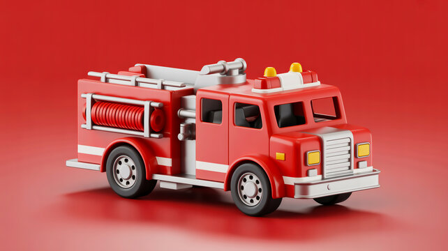 A 3D rendered toy fire truck model against a solid red background. - Powered by Adobe