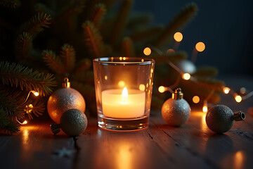 Candlelight in a glass with festive decorations, creating a cozy atmosphere