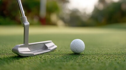 Golf putting green closeup with putter and ball, calm focus, minimalist sports photography style for precision training and coaching materials, highlighting technique and concentration on the
