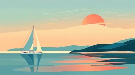 Fototapeta premium Halcyon Days. illustration, minimalist coastal scene with sailboat on calm waters, geometric sunset, simplified shapes, limited color palette of blues, peach and cream, contemporary graphic style