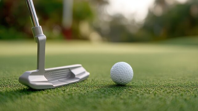 Golf putting green closeup with putter and ball, calm focus, minimalist sports photography style for precision training and coaching materials, highlighting technique and concentration on the