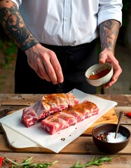 Ein Mann würzt rohe Rippchen für das Barbecue.