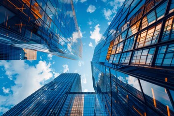 Obraz premium Looking up at modern skyscrapers in a vibrant city