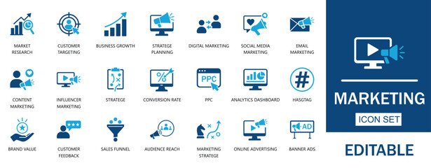 Marketing Solid Icon Set. Featuring  business strategy, advertising, Customer Targeting, Analytics, and digital marketing concepts. Perfect for marketing reports, business presentation.