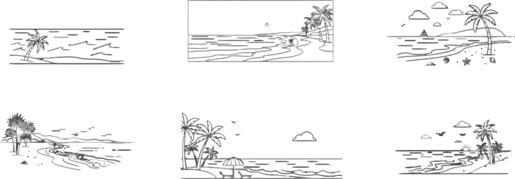 Set of beach scene outline illustration, perfect for summer vacation themes