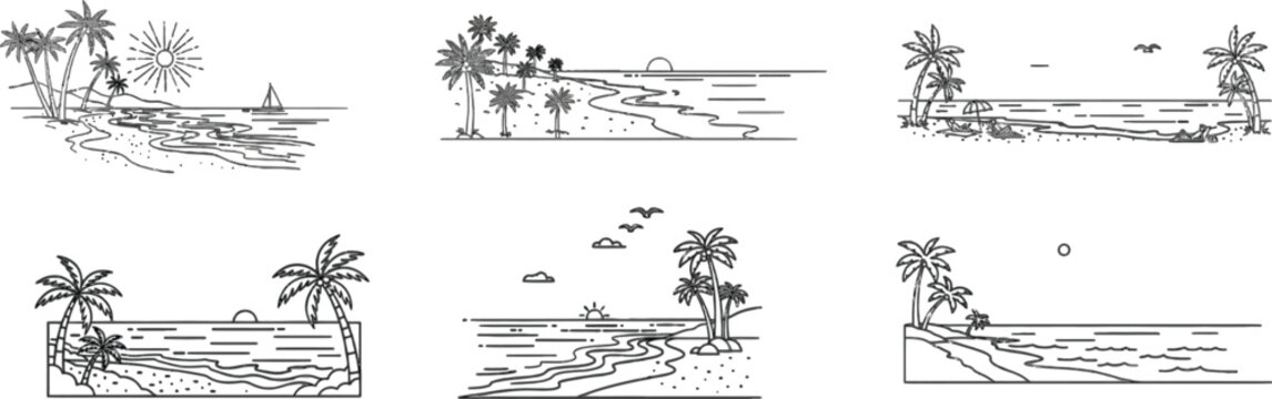 Minimalist black and white linear illustrations of tropical beach scenes collection