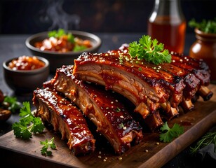 Schweinerippchen mit scharfer Marinade auf einem rustikalen Holzbrett.