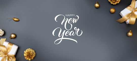 Happy New Year hand lettering calligraphy. holiday illustration element. Typographic element for banner, poster, congratulations.