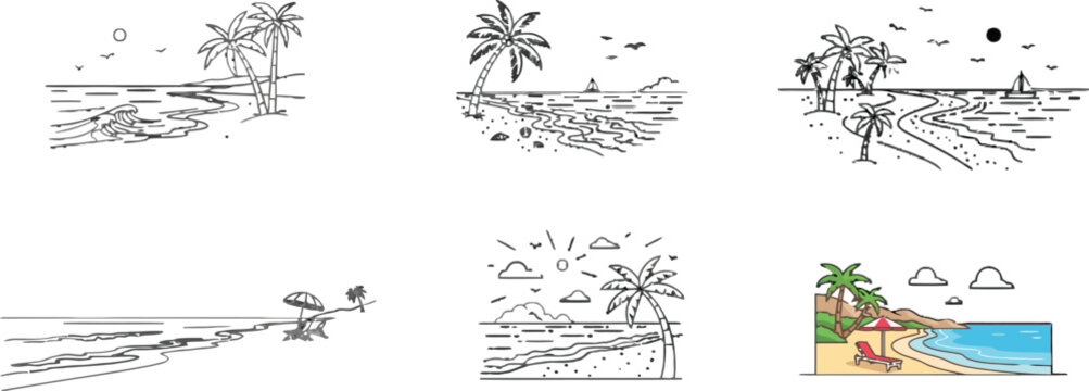 Aesthetic tropical beach line art vector set showcasing summer paradise vibes