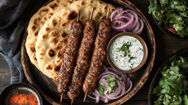 Crispy shami kebabs served with naan, raita, and onion salad