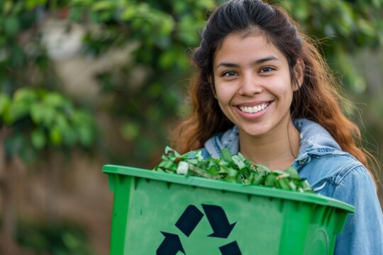 Young woman smiling while holding a recycling bin outdoors