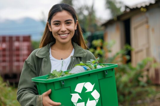 Young woman smiling while holding a recycling bin outdoors