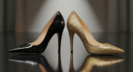 Close-up of two elegant pumps: one glossy black, the other sparkling gold, showcasing contrasting styles and sophistication, ideal for fashion concepts