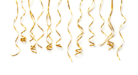 Elegant golden curled ribbons cascade gracefully against a pristine white background, perfect for festive celebrations, joyous holiday decorations, or vibrant party atmospheres