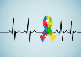 Autism awareness ribbon with heartbeat line