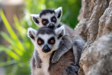 Naklejka premium Two ring-tailed lemurs, one on top of the other, on a rock