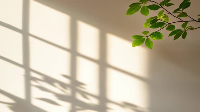Sunlight window shadow and vibrant green leaves on a warm textured wall