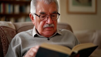 Elderly man reading a book in a cozy living room, bathed in warm light, surrounded by books and soft furnishings, lost in quiet contemplation and leisure. - Powered by Adobe