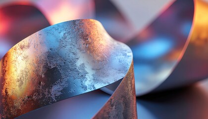 Close Up Of A Metallic Ribbon With Textured Surface Reflecting Warm Orange And Cool Blue Lights In A Softly Blurred Background
