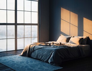 Cozy Bedroom Bathed in Warm Morning Sunlight Streaming Through Large Industrial Windows Overlooking a Serene Snowy Landscape