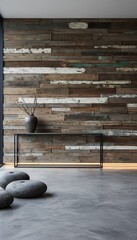 Modern Interior With Textured Reclaimed Wood Wall Gray Concrete Floor and Minimalist Console Table Displaying Artistic Vase with Branches