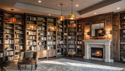 Luxurious Library Room With Extensive Bookshelves Fireplace and Comfortable Seating Area Illuminated by Warm Ambient Lighting