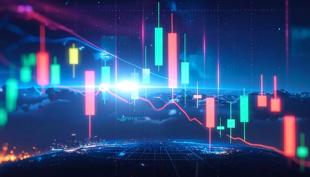 Financial Market Analysis - Candlestick Chart with Global Cityscape Overlay.