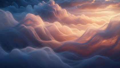Surreal Abstract Dreamscape of Ethereal Wispy Clouds Illuminated by Golden Sunrise Light and Golden Hour Glow