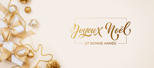 Joyeux noel and Bonee Annee. French Merry Christmas Modern calligraphy lettering on sticker for season greetings. Greeting card, frame, and banner. Holidays design.