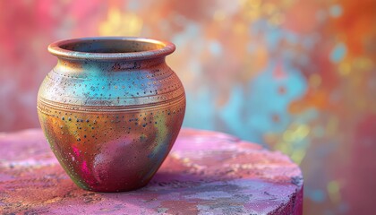 Shimmering Metallic Ceramic Pot With Colorful Glitter Accents On A Textured Surface With Blurry Vibrant Background