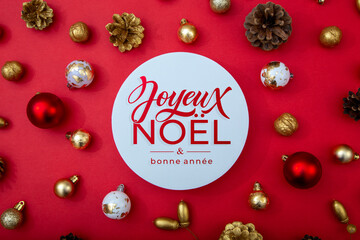 Joyeux noel and Bonee Annee. French Merry Christmas Modern calligraphy lettering on sticker for season greetings. Greeting card, frame, and banner. Holidays design.