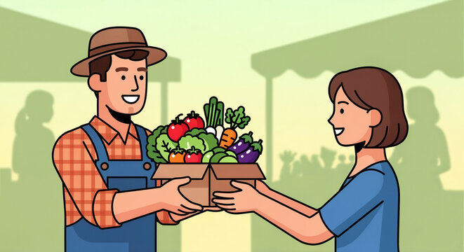 Farmer Selling Fresh Organic Vegetables to Woman at Local Market: Farm-to-Table Concept
