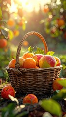 Basket of Oranges and Apples in Orchard under Sunlight with Blurry Background