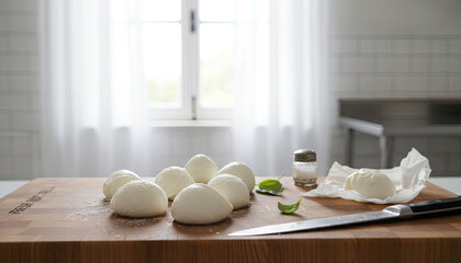 Fresh Mozzarella Cheese Balls Arranged on a Wooden Cutting Board With Spinach and Salt Shaker in a Bright Kitchen Setting