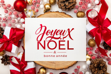 Joyeux noel and Bonee Annee. French Merry Christmas Modern calligraphy lettering on sticker for season greetings. Greeting card, frame, and banner. Holidays design.