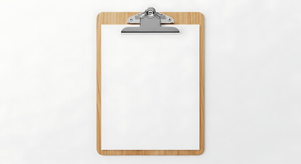 A classic wooden clipboard with a metal clip, holding a single blank white sheet of paper for mockups, isolated on a simple white background