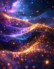Abstract Glittering Wave Design With Blue Purple And Golden Hues Sparkles And Shimmering Effects