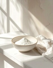 White Flour Bowl on a White Surface with Shadow and Light Accents