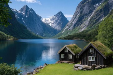 a picturesque landscape of the swiss countryside, featuring rolling green hills and charming village houses nestled beside turquoise lakes