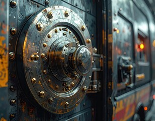 Close Up Steampunk Mechanism Detail Metallic Texture with Golden Studs and Warm Lighting