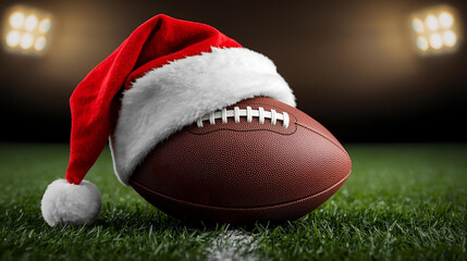 american football with a santa claus red hat on a stadium with lights ai