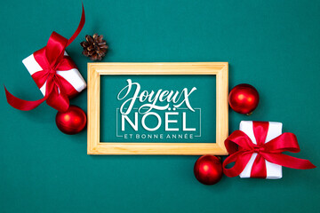Joyeux noel and Bonee Annee. French Merry Christmas Modern calligraphy lettering on sticker for season greetings. Greeting card, frame, and banner. Holidays design.