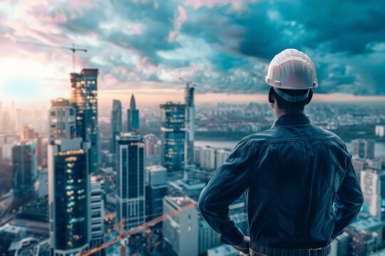 Adult man in hard hat looking at city skyline during sunset
