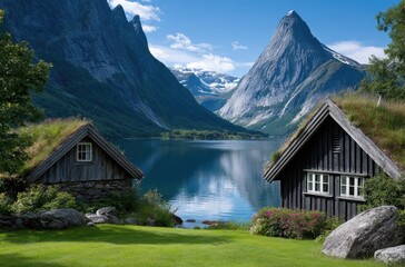 a picturesque landscape of the swiss countryside, featuring rolling green hills and charming village houses nestled beside turquoise lakes